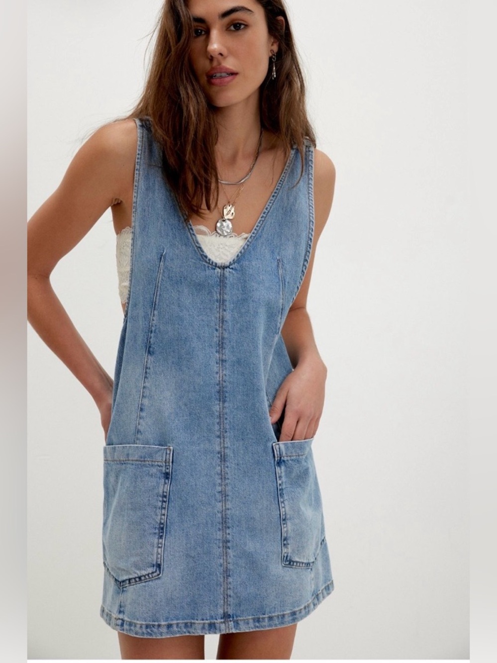 We The Free by Free People Light Blue Denim Pinafore Dress High Roller Skirtall